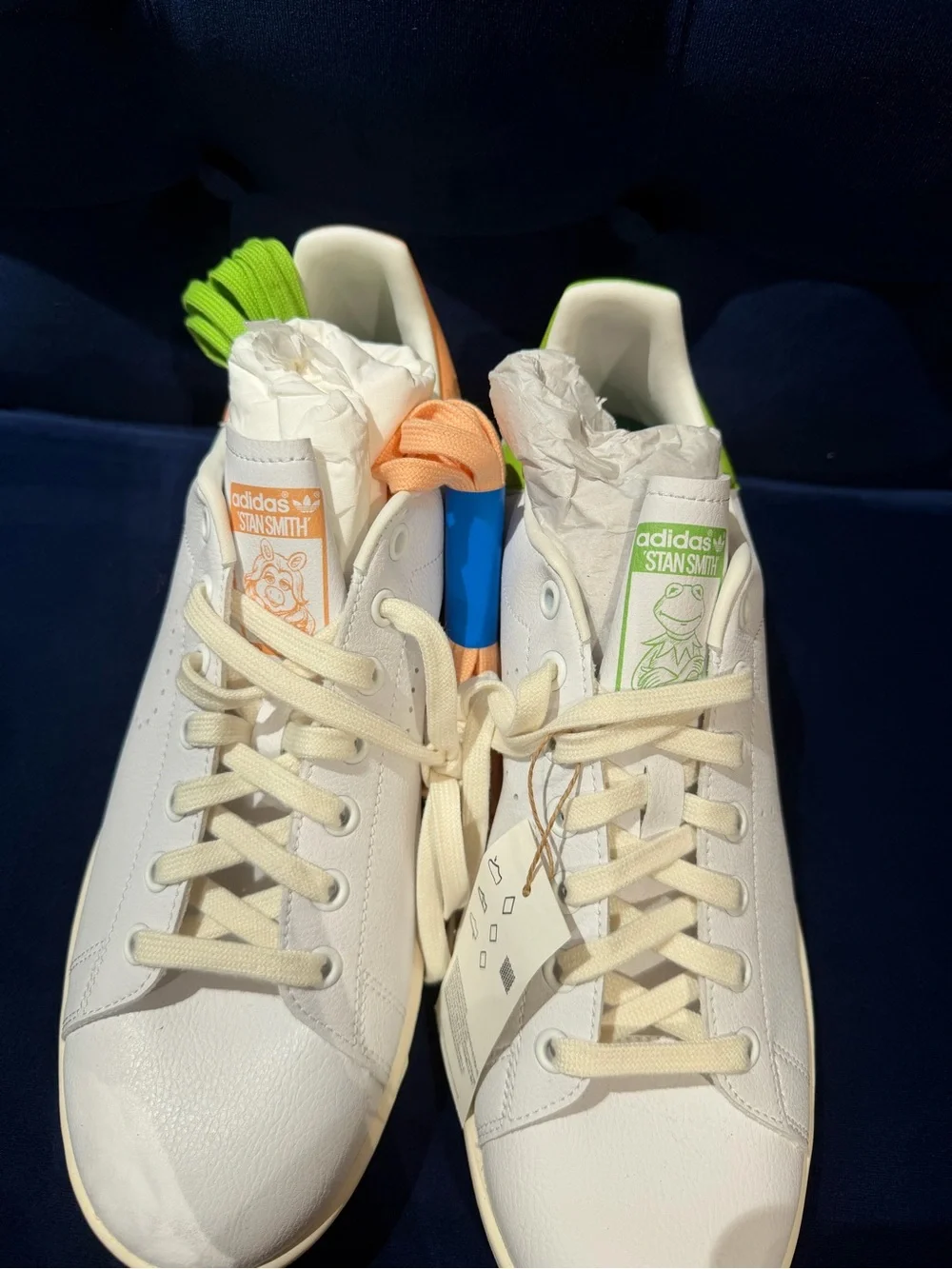 adidas White Leather Sneakers with Green & Orange Tongue Accents